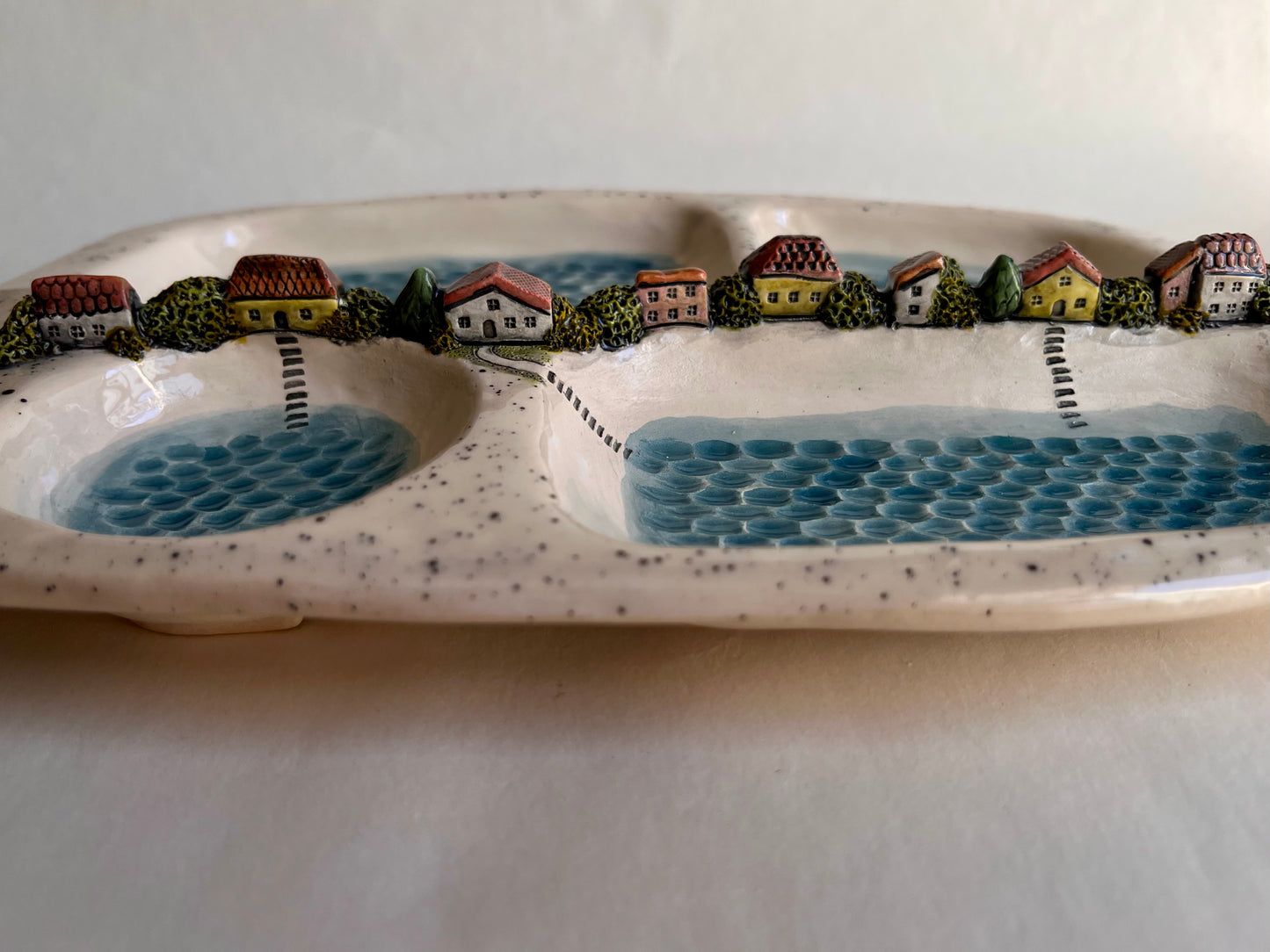 Whimsical Lakeside Village Ceramic Serving Tray