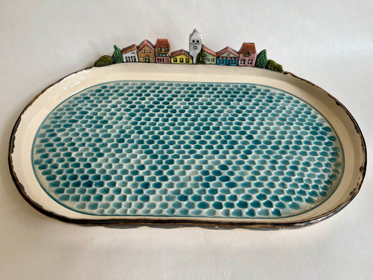 Mediterranean colorful houses on a beach ceramic trinket dish