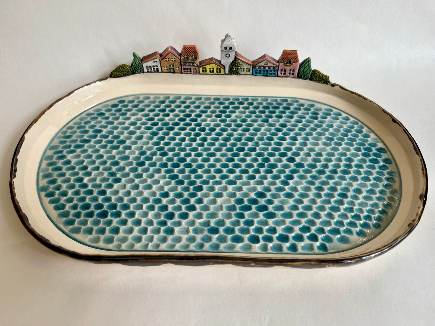 "Mediterranean colorful houses on a beach" ceramic serving plate / trinket dish