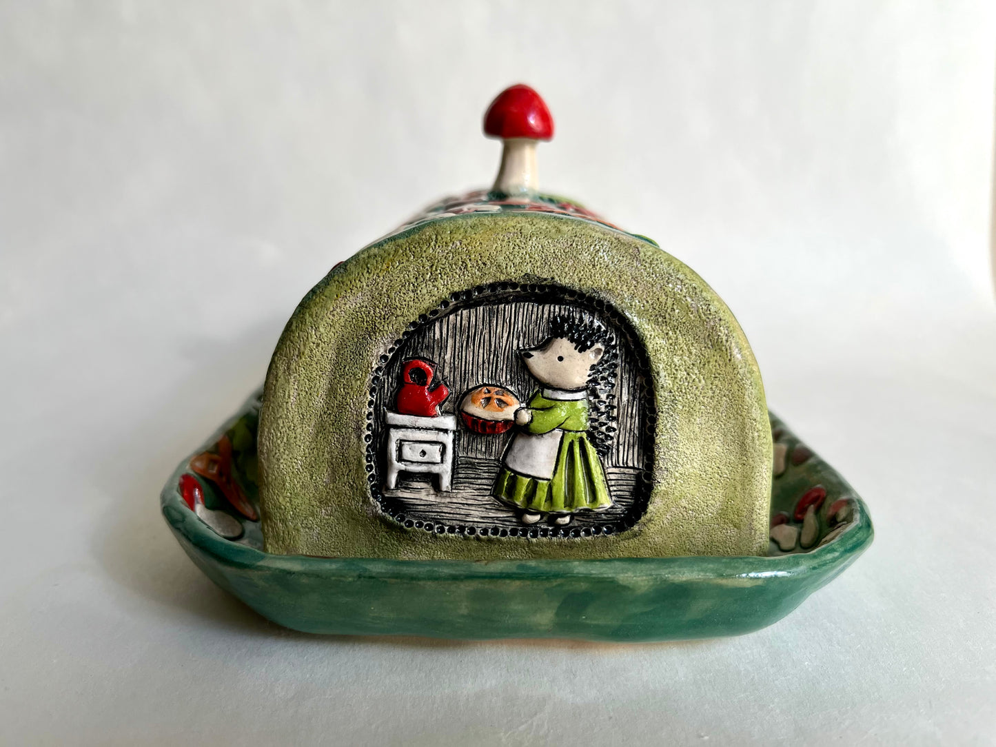 Butter Dish - Hedgehog family cozy woodland home