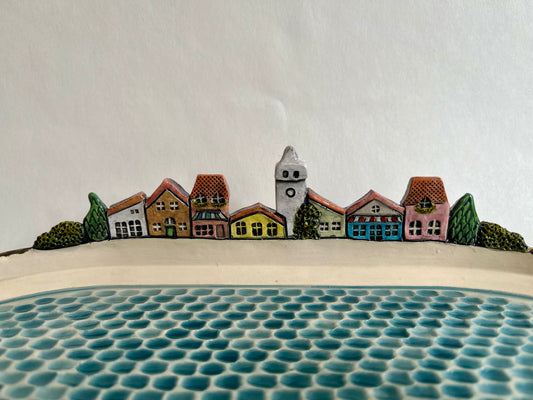Mediterranean colorful houses on a beach ceramic diorama