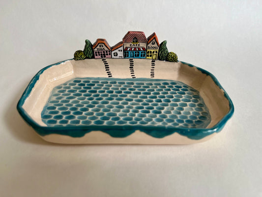 Colorful houses by the sea ceramic diorama