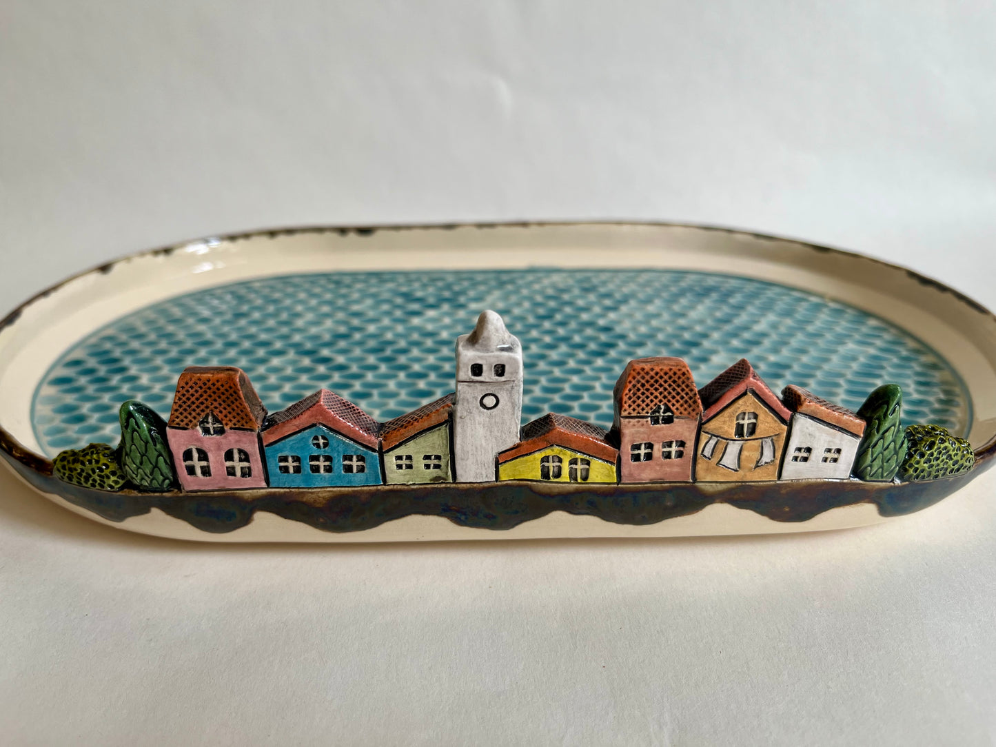 "Mediterranean colorful houses on a beach" ceramic serving plate / trinket dish