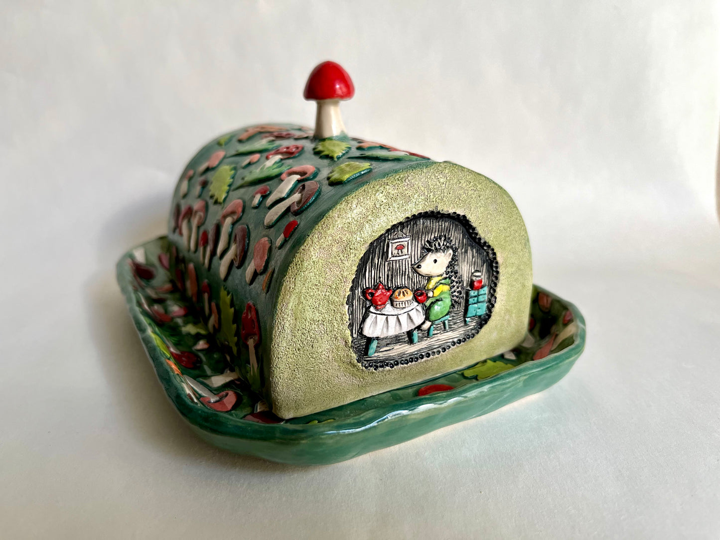 Butter Dish - Hedgehog family cozy woodland home
