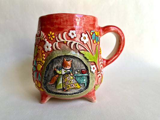 Fox sewing a patchwork quilt mug 470 ml / 16 oz