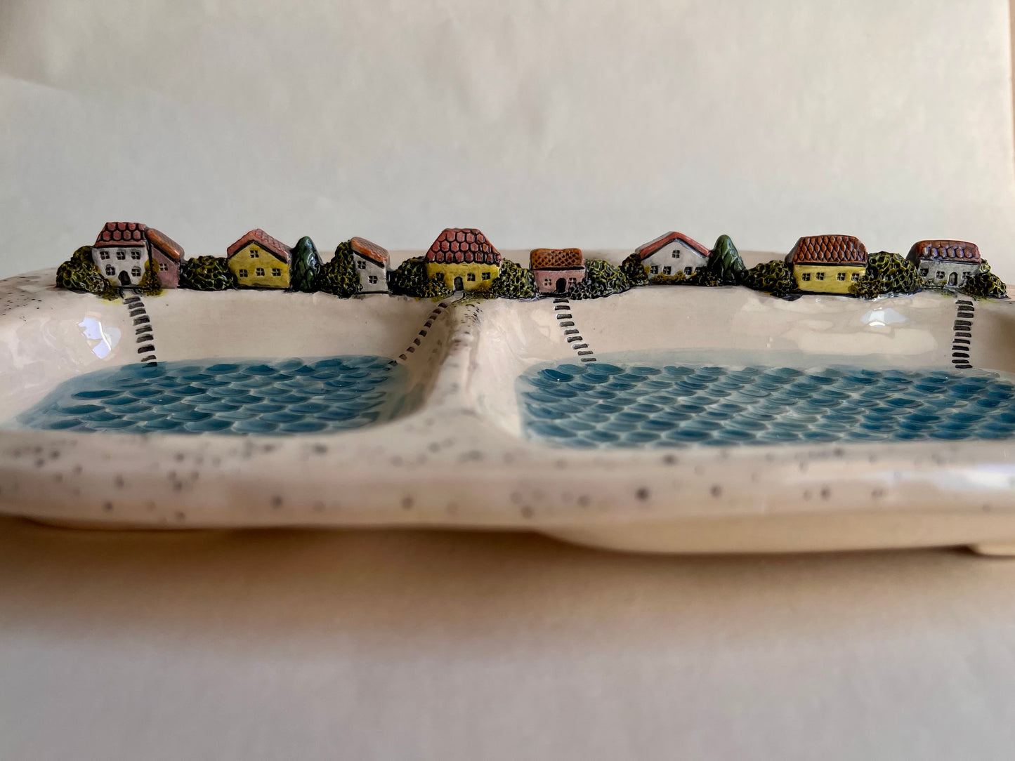 Whimsical Lakeside Village Ceramic Serving Tray