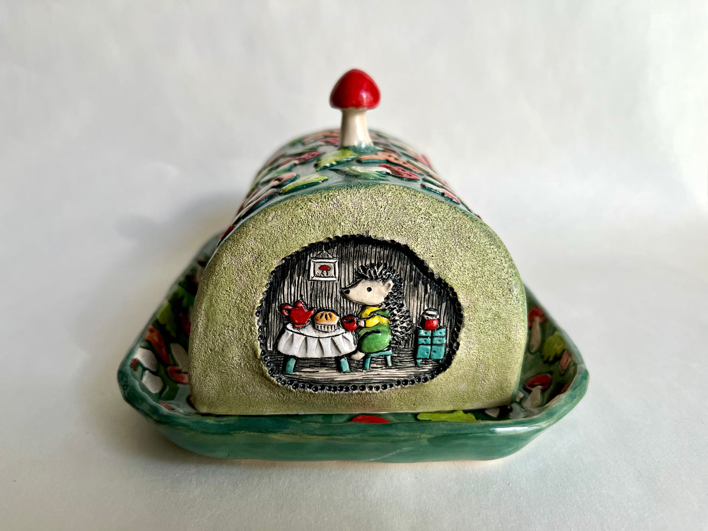 Butter Dish - Hedgehog family cozy woodland home