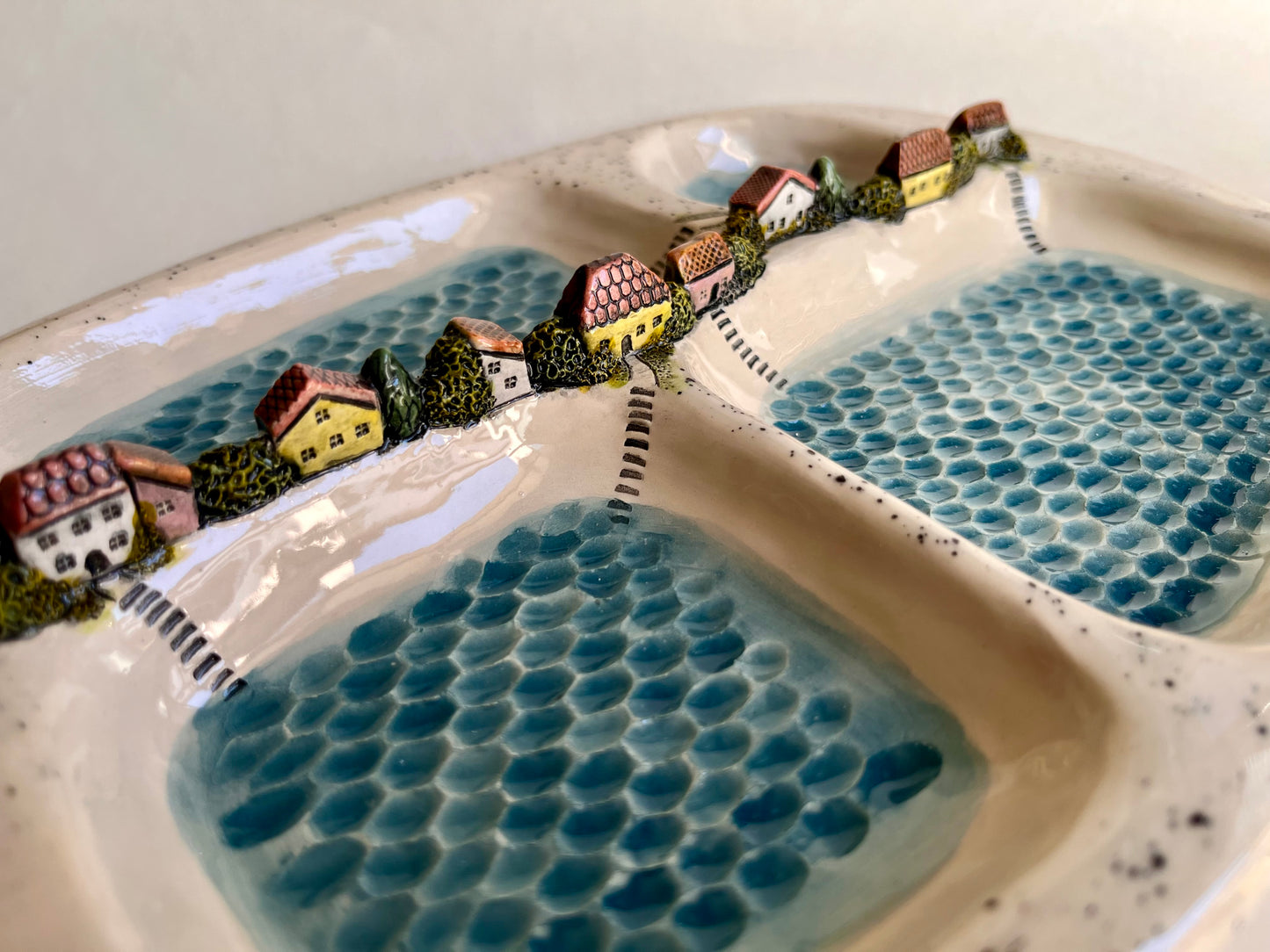 Whimsical Lakeside Village Ceramic Serving Tray