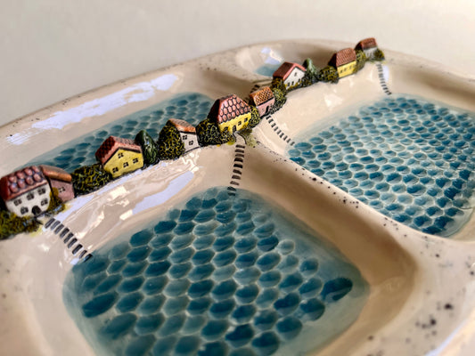 Whimsical Lakeside Village Ceramic Serving Tray