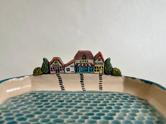 Colorful houses by the sea ceramic diorama