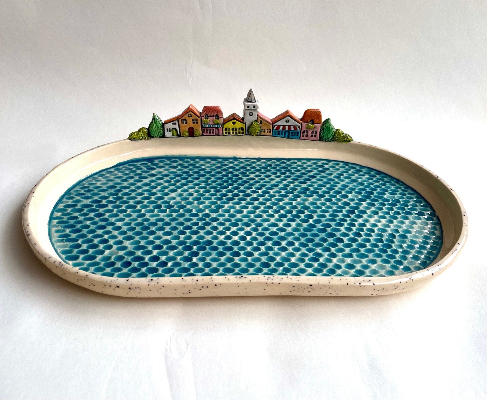 PREORDER (30 days manufacture time) - Mediterranean colorful houses on a beach centerpiece platter, oval ceramic serving plate by Milushka - Milushka