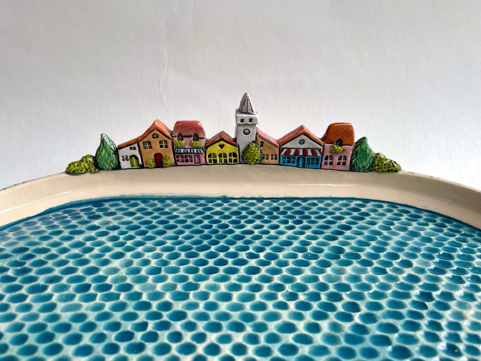 PREORDER (30 days manufacture time) - Mediterranean colorful houses on a beach centerpiece platter, oval ceramic serving plate by Milushka - Milushka