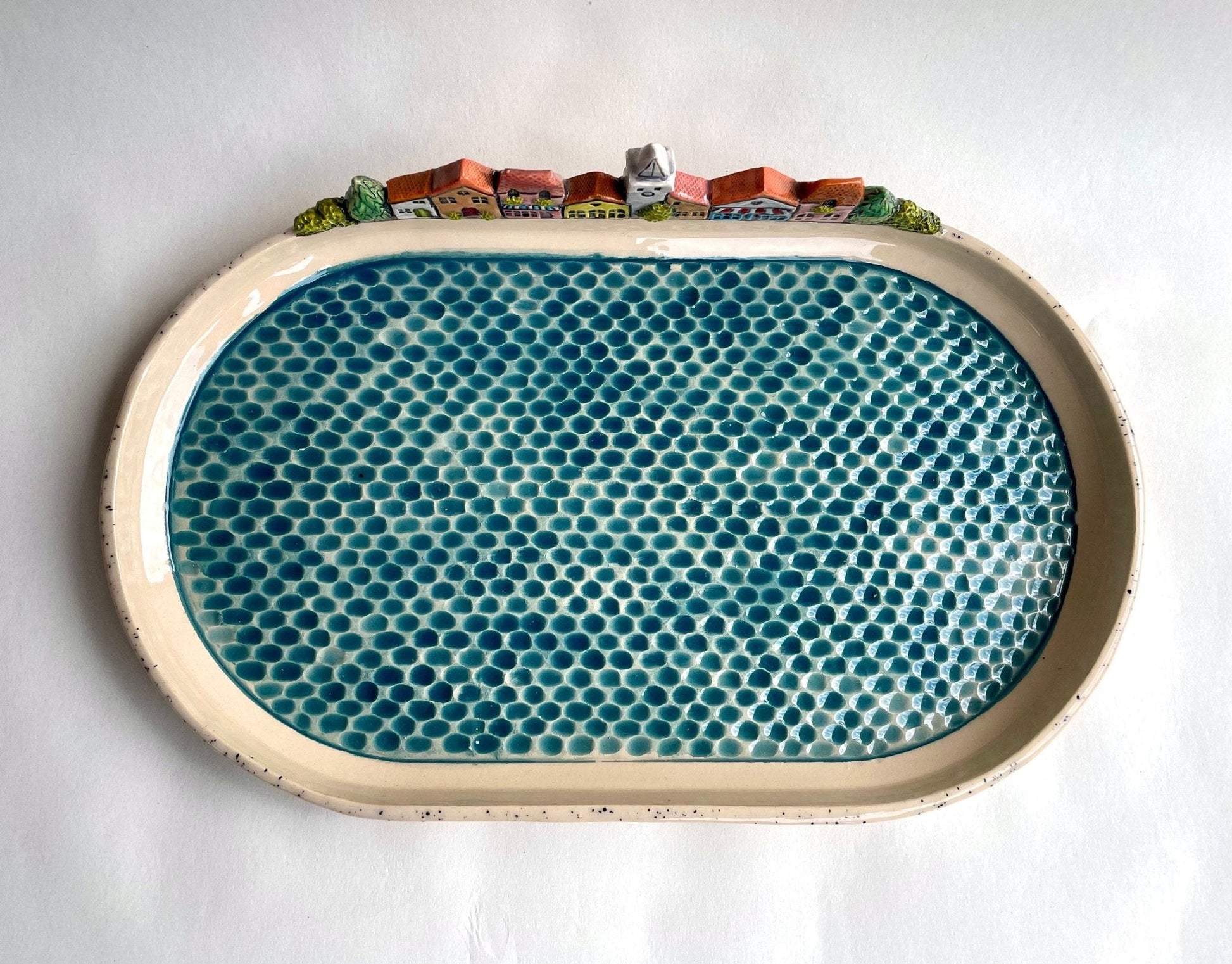PREORDER (30 days manufacture time) - Mediterranean colorful houses on a beach centerpiece platter, oval ceramic serving plate by Milushka - Milushka