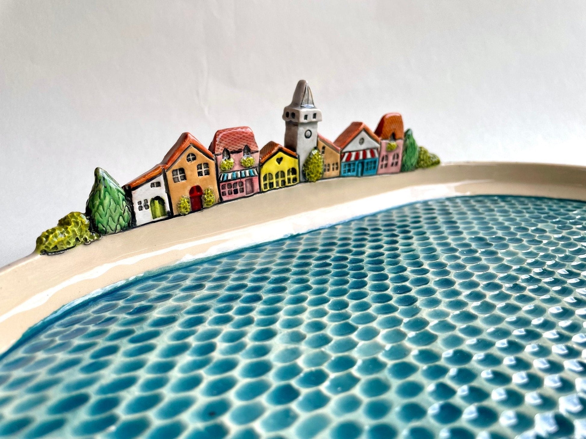 PREORDER (30 days manufacture time) - Mediterranean colorful houses on a beach centerpiece platter, oval ceramic serving plate by Milushka - Milushka