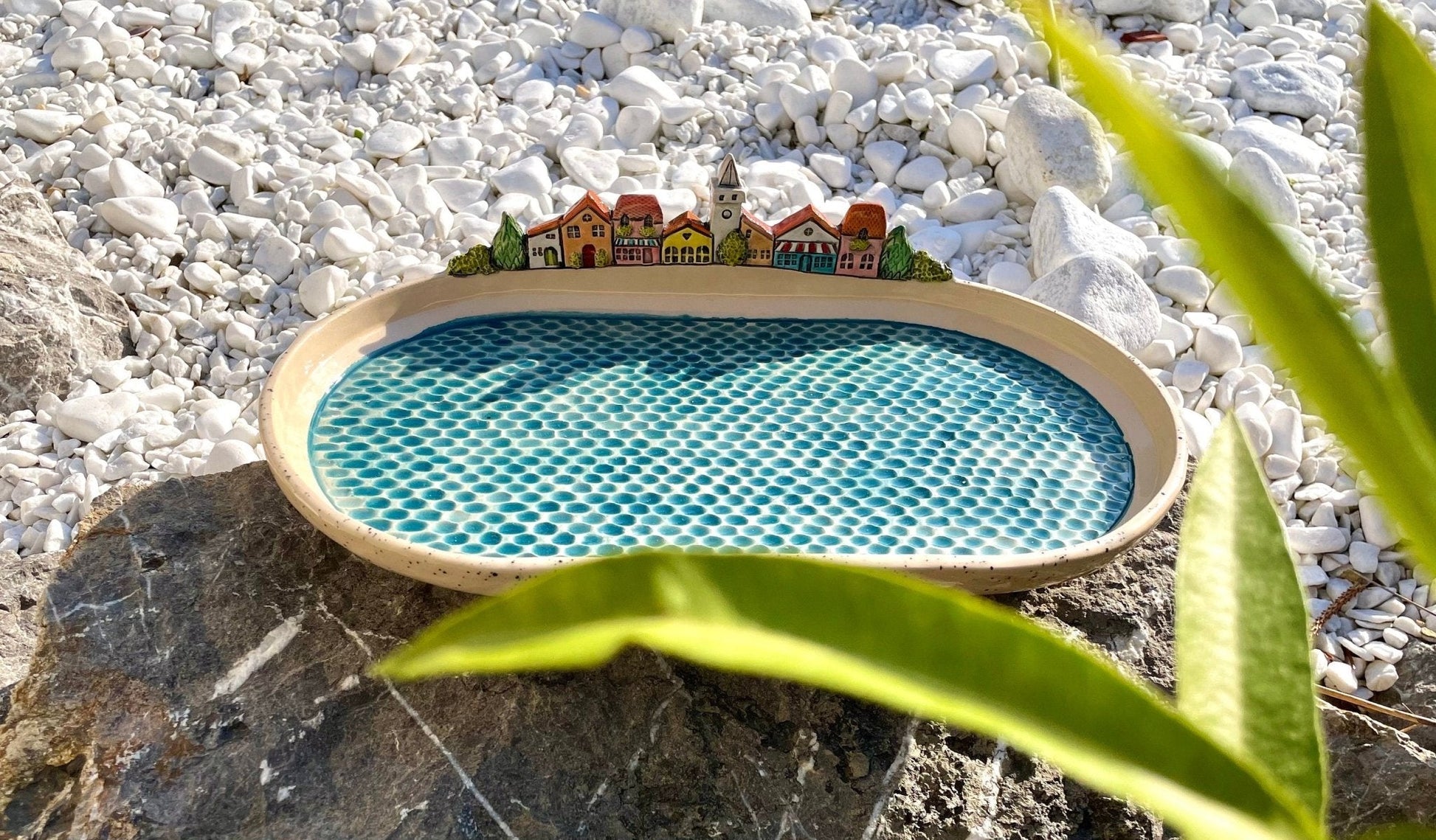PREORDER (30 days manufacture time) - Mediterranean colorful houses on a beach centerpiece platter, oval ceramic serving plate by Milushka - Milushka