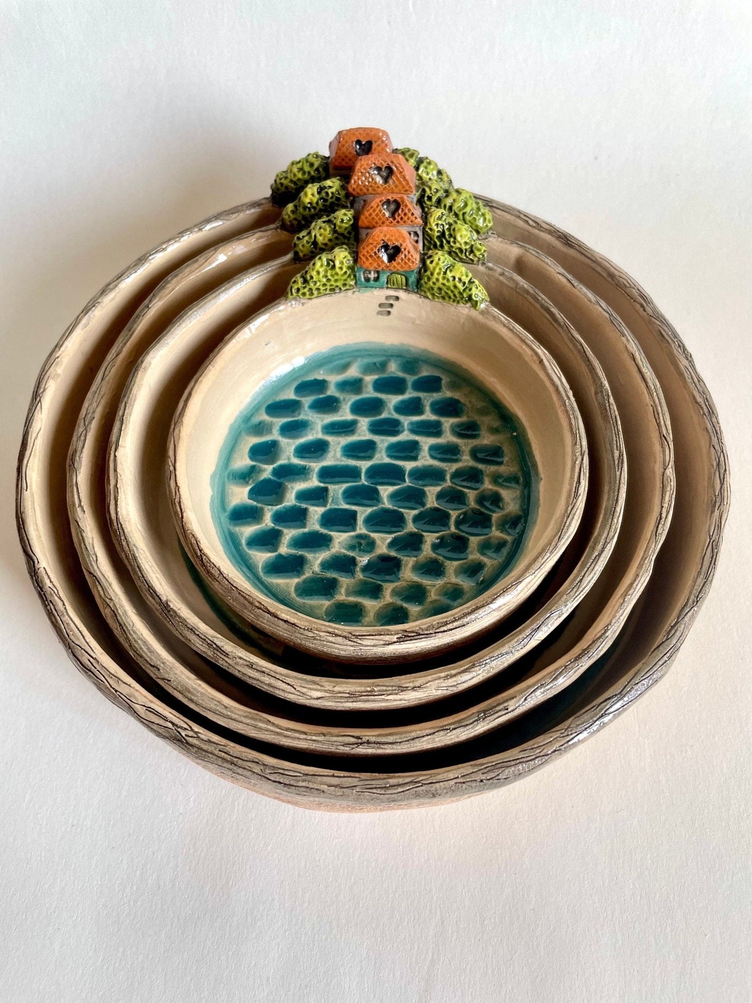 PREORDER (30 days manufacture time) - SET of 4 Mediterranean style colorful house nesting bowls, Adriatic village 4 piece dish set by Milushka - Milushka