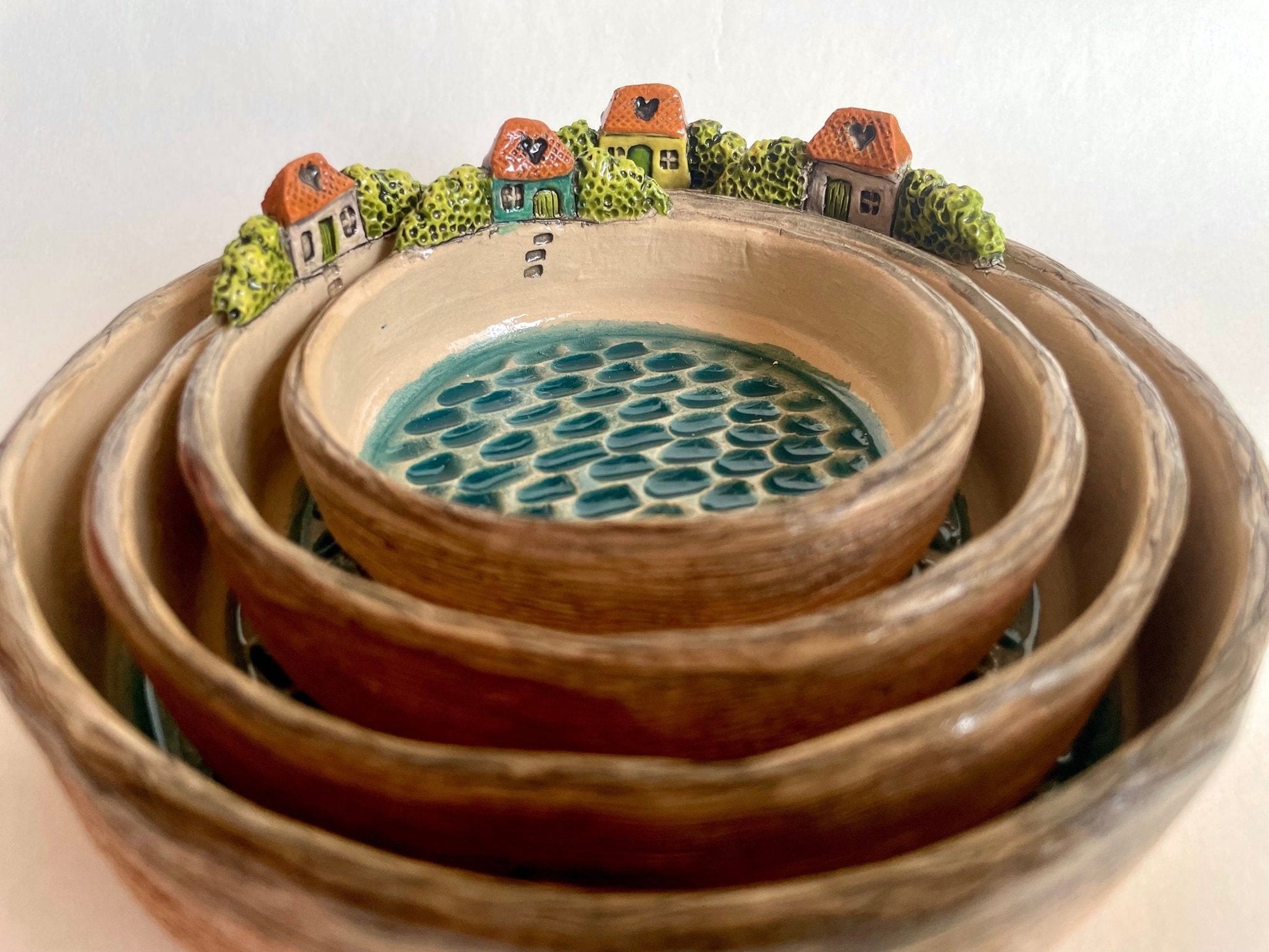 PREORDER (30 days manufacture time) - SET of 4 Mediterranean style colorful house nesting bowls, Adriatic village 4 piece dish set by Milushka - Milushka