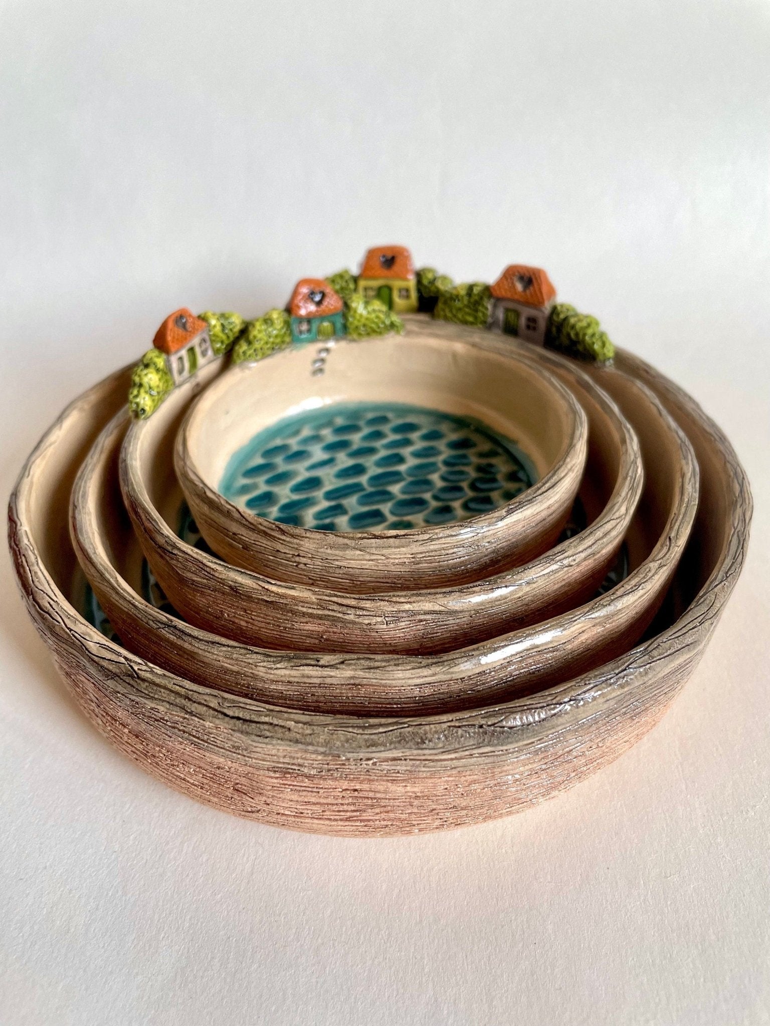 PREORDER (30 days manufacture time) - SET of 4 Mediterranean style colorful house nesting bowls, Adriatic village 4 piece dish set by Milushka - Milushka