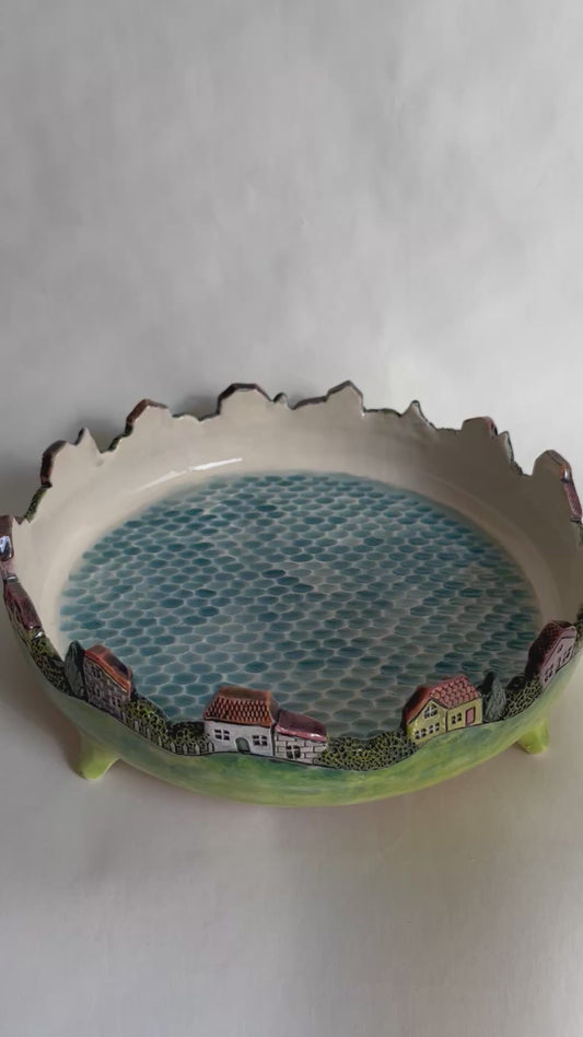 Colorful mediterranean village ceramic bowl 22 cm / 8.7"