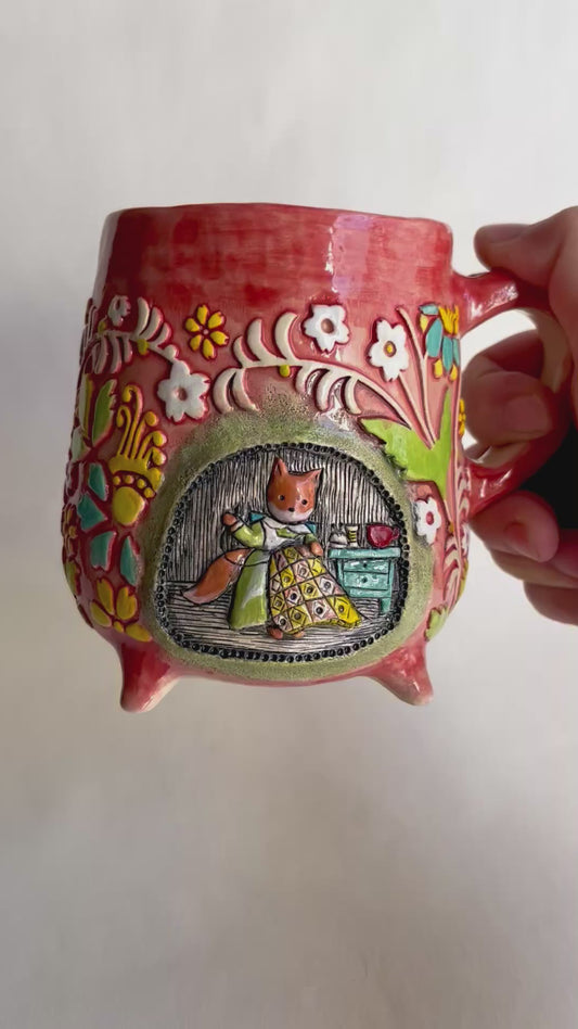 Fox sewing a patchwork quilt mug 470 ml / 16 oz