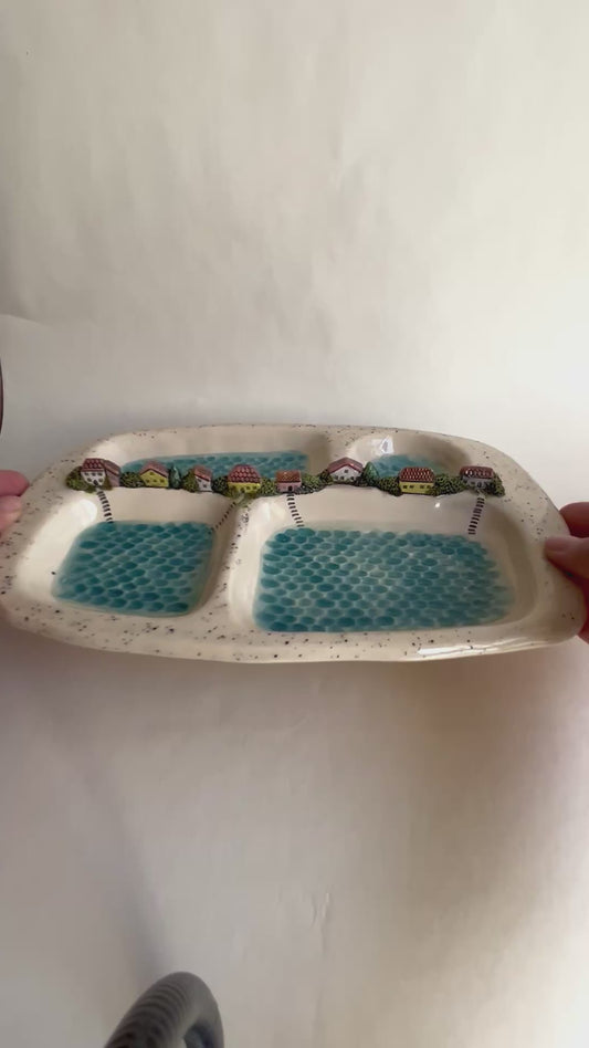 Whimsical Lakeside Village Ceramic Serving Tray
